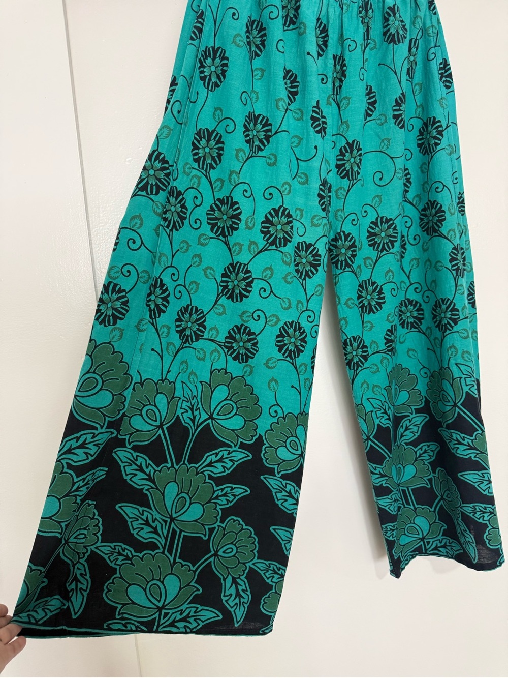 Teal 100% Cotton Elastic-Waist Floral Print Pants